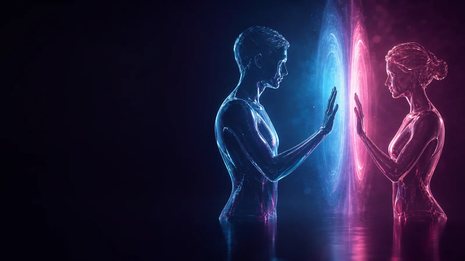 Dvě průsvitné postavy čelící zářivému portálu pro spojení azurové a purpurové barvy v temné redakční ilustraci.
